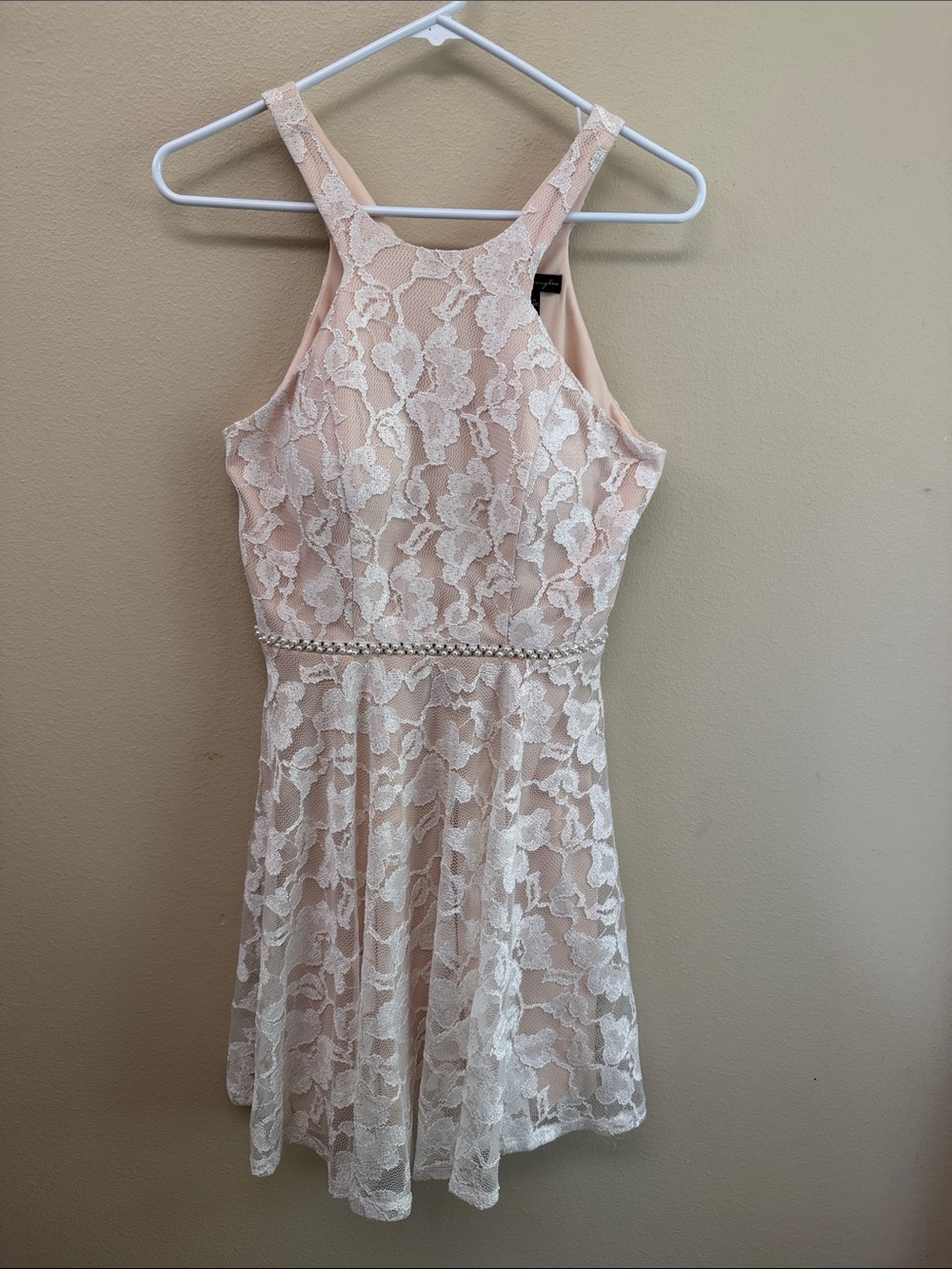 Blush Lace A-Line Formal Dress with Beaded Waist